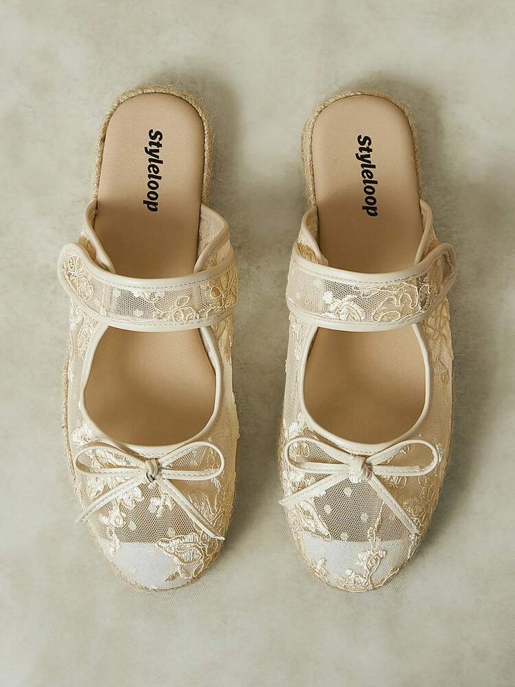 Styleloop Spring And Summer Apricot Lace Mesh Bow Hemp Rope Bottom Women's Mules Slippers Fashion Breathable Woven Flat Bottom Sandals Beach Vacation Outdoor - Apricot - View 3