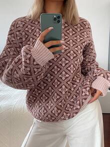DAZY Women's Loose Fit Floral Jacquard Long Sleeve Lantern Sleeve Casual Vacation Spring/Autumn Pullover Knit Sweater - Pink - View 2