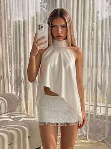 SHEIN ICON Summer Women's Going Out Party Elegant Sexy Holiday Vacation Beach Beige Satin Solid Color Asymmetric Hem Fashionable Halter Neck Camisole - Apricot - View 2