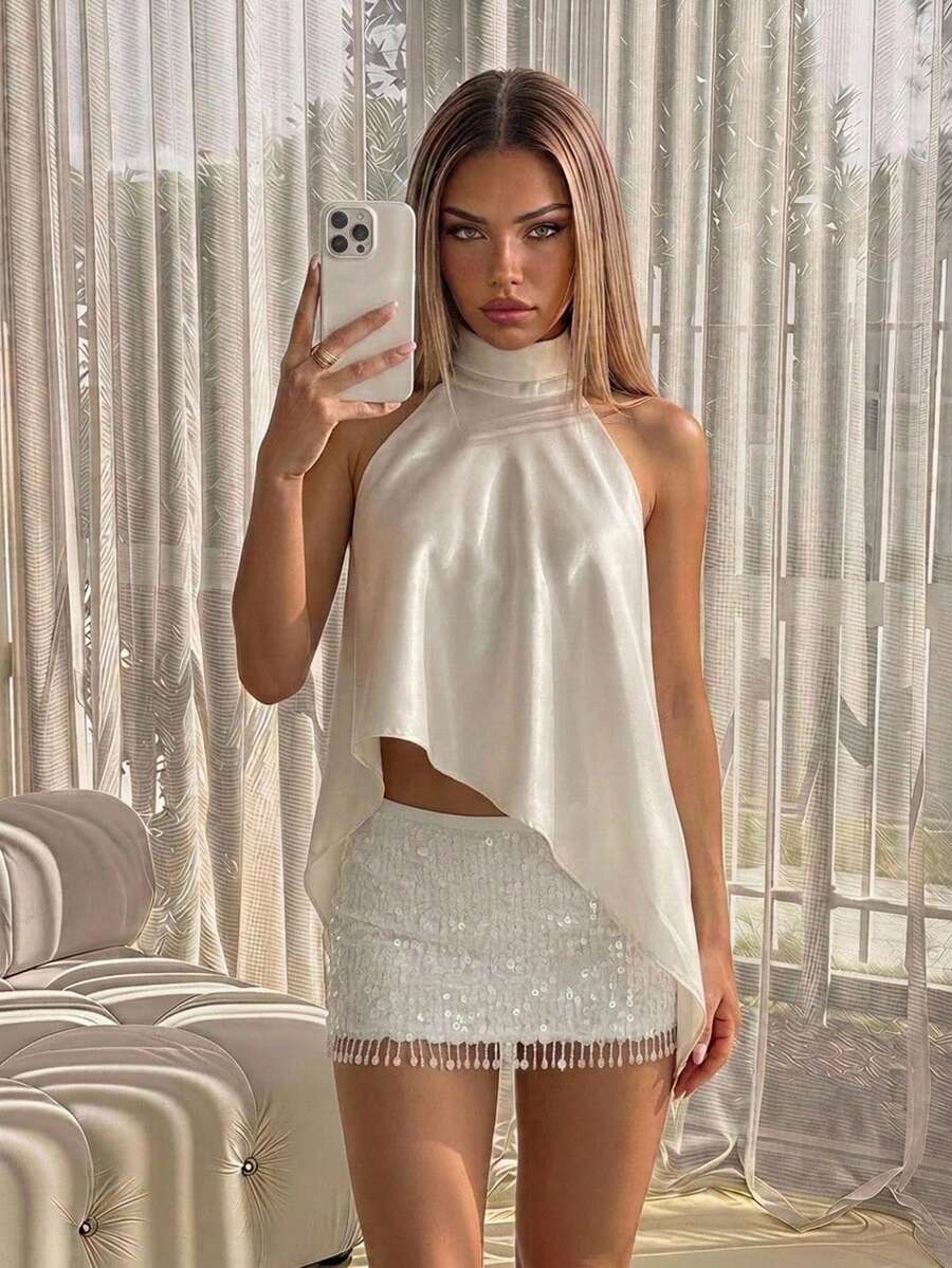 SHEIN ICON Summer Women's Going Out Party Elegant Sexy Holiday Vacation Beach Beige Satin Solid Color Asymmetric Hem Fashionable Halter Neck Camisole