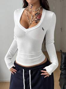 Coolane Camiseta de mujer con escote en V y estampado de ramas de árbol, estilo Y2K streetwear - Blanco - Ver 4