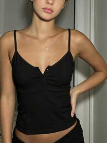 INAWLY Women's Solid Color Button Up Spaghetti Strap Black Camisole Top, Simple Design - Black - View 3