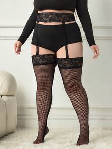 SHEIN CURVE+ Quần legging ren phối mảng rỗng gợi cảm size lớn, phong cách Gothic tối cho Halloween - màu đen - Xem 7