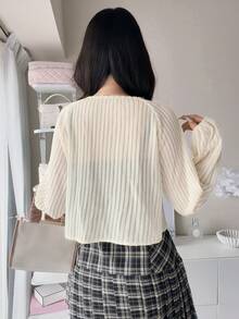 FRIFUL Atasan Wanita Model Regular Berlapis dengan Kain Bertekstur Ribbed Korea Terbaru untuk Awal Musim Gugur, Model Ikat Depan, dan Model Lucu. - Aprikot - View 2