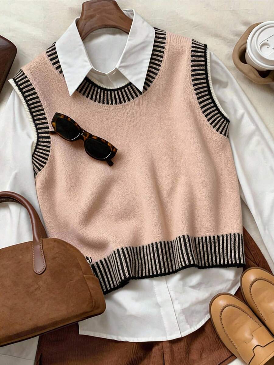 Comfortcana Plus Size Summer Commuter Vintage Traditional Normal 90s Elegant Round Neck Knit Vest Teachers' Day Formal Black - Camel - View 1