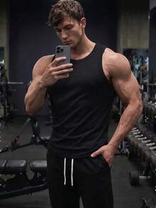 GymBeat 男士純色圓領無袖修身休閒透氣運動背心壓縮上衣，健身黑色 - 黑色 - 查看 6