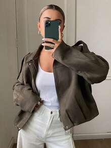 DAZY Women's Solid Color Loose Lapel Long Sleeve Suede Jacket, Casual Street Vacation Autumn/Winter Regular Outerwear - Green - View 1