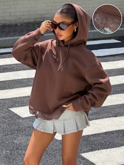 Muchica Brown Lace Hem Hoodie For Women Y2K Streetwear, Party, Vacation, Festival Outfits, Back To School, Going Out, Autumn Tops Basic Pullover With Lace