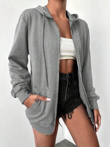EURMUSE 1pc Casual Solid Color Zip Up Drawstring Hoodie, Autumn/Winter - Light Grey - View 4