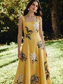 Anewsta Elegant Floral Print Spaghetti Strap Dress For Women - Yellow - View 5