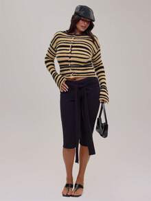 MUSERA Plus Size Yellow Contrast Knit Button Down Cardigan Winter Fall Going Out Womens Outfit - Multicolor - View 2