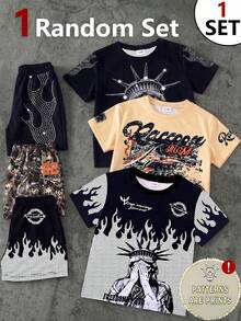 SHEIN 1 Random Set,, Street Fashion Cool Statue Of Liberty Graphic English Print T-Shirt And Matching Shorts Set, Suitable For Summer Outings - Multicolor - View 1