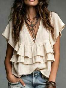 Glimmora Vacation Bohemian Style Double Layer Ruffle Hem Textured V-Neck Flutter Sleeve Blouse - Khaki - View 3