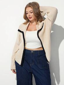 Maija Plus Size Women's Colorblock Zipper Casual Daily Knit Top - Apricot - View 5