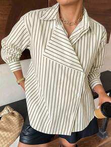 Dazy Plus Fashion Casual Striped Loose Asymmetric Collar Brown Long ...