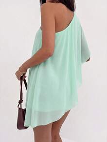 Aloruh Women's Solid Color One-Shoulder Mini Beach Vacation Dress For Vacation Mint Green Summer Sexy Tropical - Mint Green - View 2
