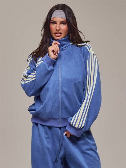 MUSERA Plus Size Blue Zip Up High Neck Stripe Detail Jacket Winter Fall Autumn Casual Top Day Outfit Comfy Outfit Cool