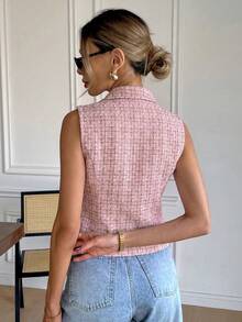 Serisse 女款優雅休閒通勤辦公商務格紋無袖西裝外套 灰粉色 夏季 - 粉色 - 查看 2