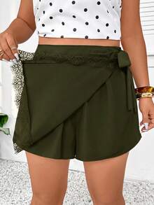 SHEIN Frenchy Plus Size French Lace Patchwork Tie Skort For Vacation - Olive Green - View 3