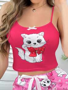 SHEIN 可爱猫咪蝴蝶结 INS 吊带上衣，女士睡衣 - 紅色 - 查看 4