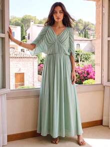 CielaLinda Women's Ruched Batwing Sleeve Chiffon Maxi Boho Elegant Romantic Wedding Sage Green Dress Cocktail Night Autumn - Green - View 7