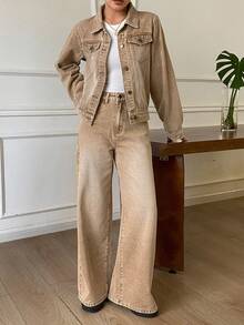 DAZY Women's Solid Color Single-Breasted Long Sleeve Top And Pants Casual Daily Denim Set Fall - Brown - View 3