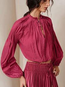 Frievida European & American Style Spring/Summer New Fashion Versatile Elegant Commute Pleated Sleeve Elastic Cuffs Heavy Workmanship Special Fabric Long Sleeve Shirt - Hot Pink - View 4