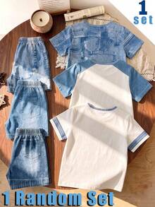 1 Random Set , Series Pattern Printed Casual Fashion Crew Neck Short Sleeve T-Shirt With Shorts, School Clothes Suitable For Daily Wear - Multicolor - View 2