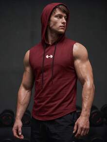 GymBeat Men's Graphic Print Hooded Neck Pocket Fashion Sports Tank Top, Gym Summer - Burgundy - View 1