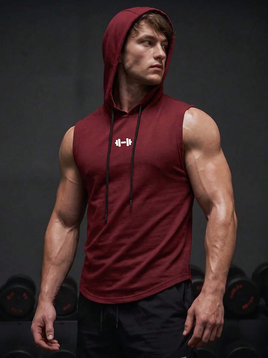GymBeat Men's Graphic Print Hooded Neck Pocket Fashion Sports Tank Top, Gym Summer - Burgundy - View 1