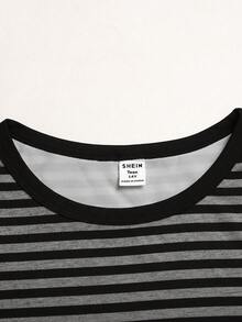 SHEIN 青少年女孩針織黑色與灰色條紋圓領短袖修身T恤與配套長褲休閒套裝，百搭多功能休閒 - 深灰色 - 查看 5