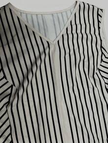 SHEIN LUNE CURVE 女款時尚直條紋圖案上衣與寬腿短褲兩件套 - 卡其色 - 查看 5