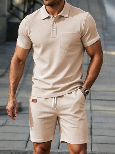 Manfinity CasualCool 男士百搭口袋貼布半門襟短袖 Polo 衫與牛仔抽繩腰口袋短褲套裝