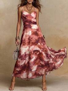 Solivie Women's Brown And Pink Pleated Spaghetti Strap Dress For Vacation Summer Tropical Boho - Multicolor - View 7