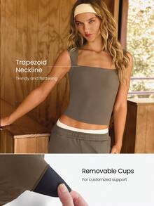 GLOWMODE FeatherFit™ Camiseta básica de tirantes de cuello cuadrado, longitud hasta la cadera, con copas desmontables, para yoga, pilates y uso diario de bajo impacto - Marrón - Ver 5