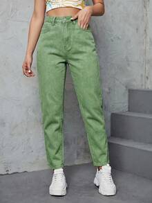 SHEIN ICON 休閒水洗高腰錐形牛仔褲 - 軍綠色 - 查看 4