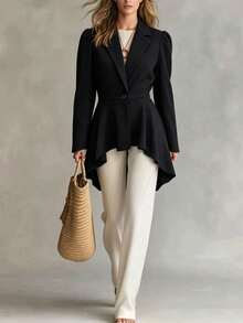 Franclia Women's Solid Color Lapel NeckPuff Sleeve Ruffle Hem Elegant Blazer Jacket, Autumn - Black - View 1