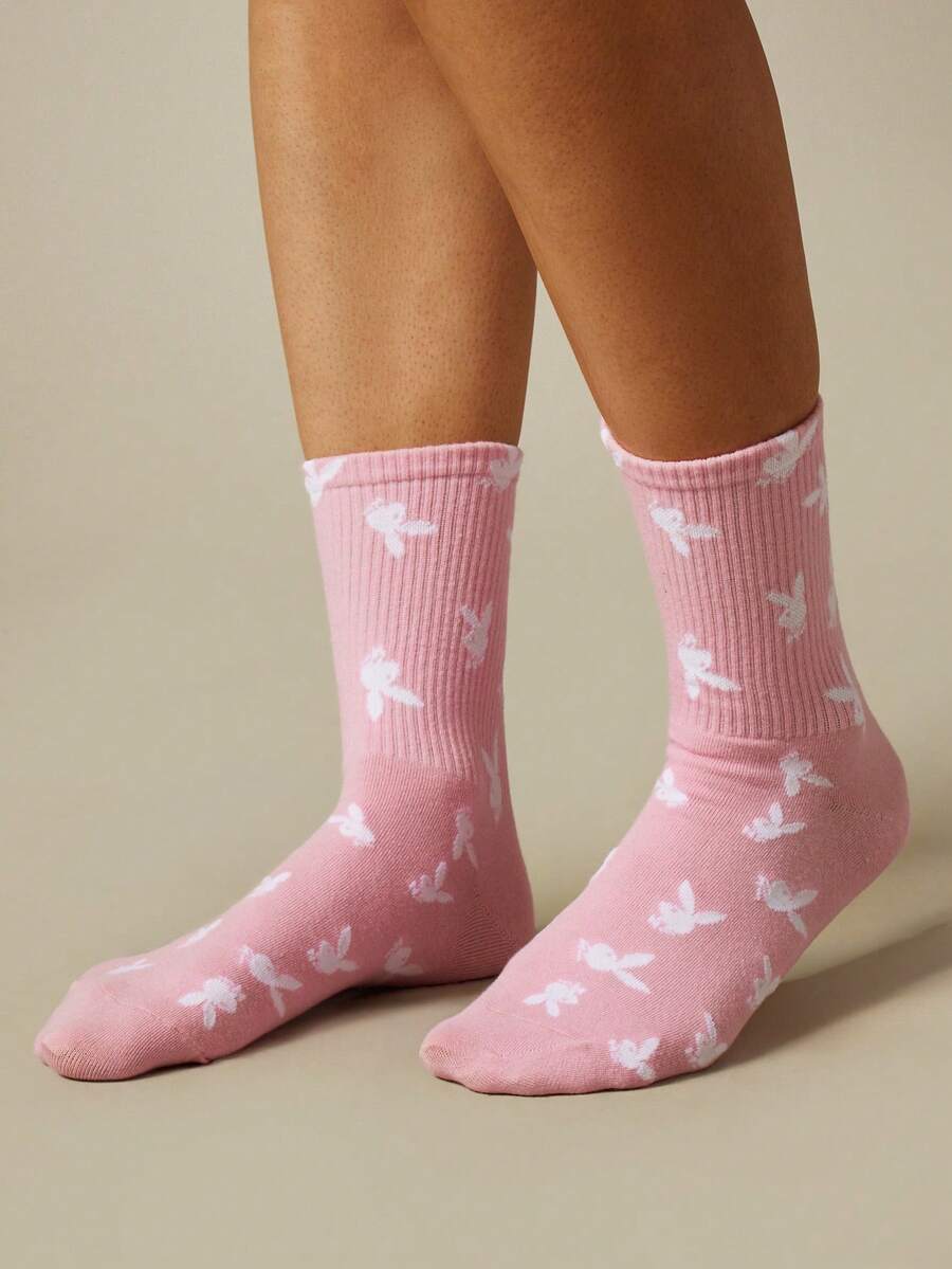 Missguided x Playboy Crew Socks With Allover Bird Print Ribbed Knit Cuff Casual Everyday Comfort Mid-Calf Length - Pink white - View 1
