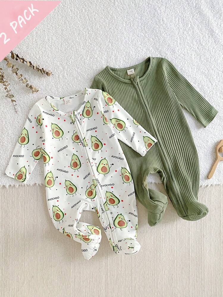 SHEIN Vintaside Kids 2pcs/Set Long Sleeve Avocado & Green Knitted Soft Comfortable Jumpsuit, Best Gift For Newborns - Multicolor - View 5