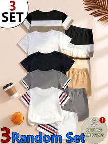 SHEIN 隨機 3 套 6 件組男嬰服裝套裝，時尚街頭經典商務帥氣條紋極簡字母 Logo 與馬 Logo 印花圓領 T 恤上衣，搭配純色馬 Logo 條紋字母 Logo 印花短褲，多件組合套裝 - 彩色 - 查看 2