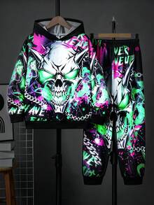 SHEIN 2件組兒童青少年男孩休閒簡約卡通遊戲機圖案寬鬆長袖連帽衛衣套裝，適合秋冬 - 黑色 - 查看 5