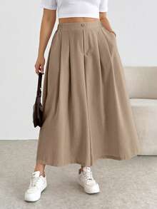 Shapeblank Plus Size Fashion Button Pocket Pleated Loose Wide Leg Pants Fall - Camel - View 4