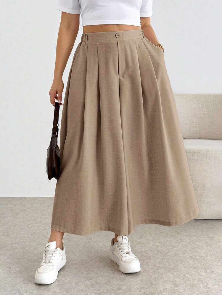Shapeblank Plus Size Fashion Button Pocket Pleated Loose Wide Leg Pants Fall - Camel - View 4