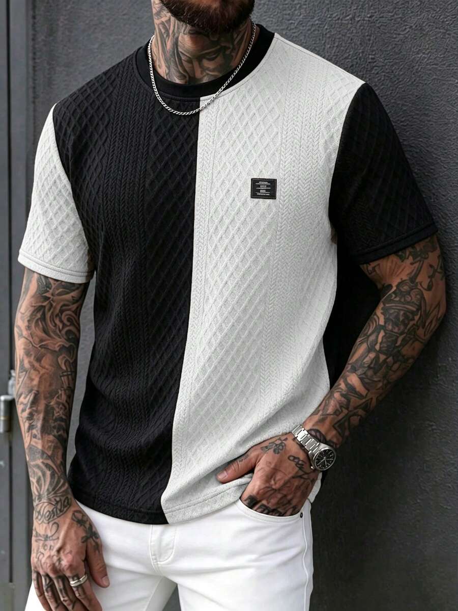 Manfinity Homme 男士圓領拼色牛仔休閒短袖T恤 - 黑與白 - 查看 1