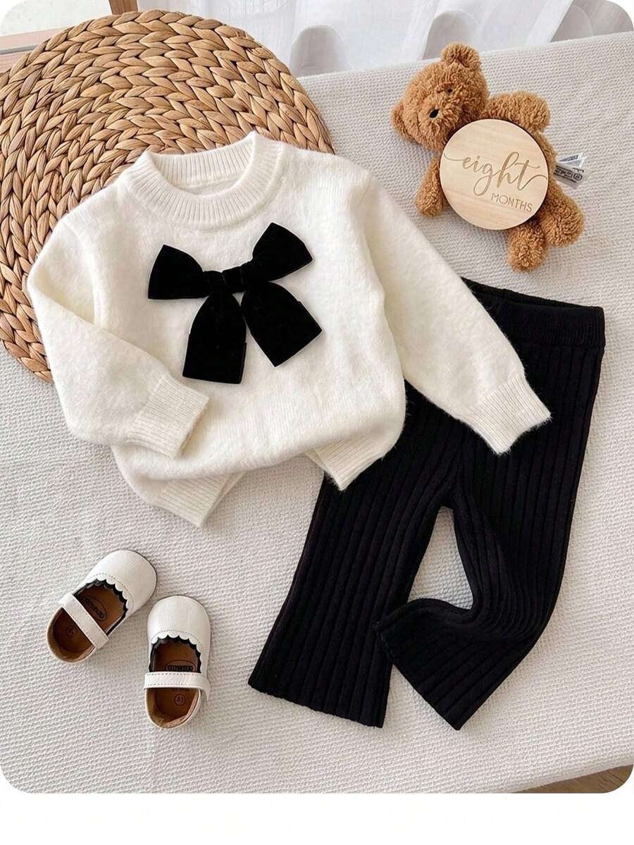 SHEIN 2pcs Baby Girl Elegant 3D Bow Decor Pullover Long Sleeve Top And Solid Color Wide Leg Pants Set - White - View 1