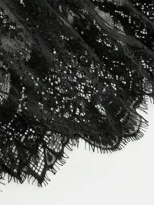 SHEIN Pitira 兒童青少年女孩純色百褶長袖蕾絲拼接洋裝，休閒日常秋冬優雅連身裙 - 黑色 - 查看 7