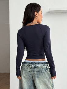 Coolane 女士冬季/秋季街头休闲比赛日返校休闲棉质撞色深蓝色圆领长袖 T 恤 - 彩色 - 查看 6