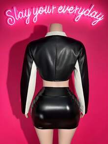 Slaydiva Women Red Black White PU Cropped Racing  Jacket Racing Badge Letter Print Zip‑Up Faux Leather Biker Coat Y2K Halloween Christmas Street Party - Red - View 3