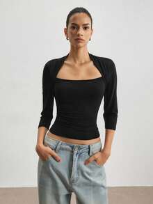 ATUI Studio Kaos Rajut Wanita Lengan 3/4 Leher Persegi Potongan Slim Fit - Hitam - View 2