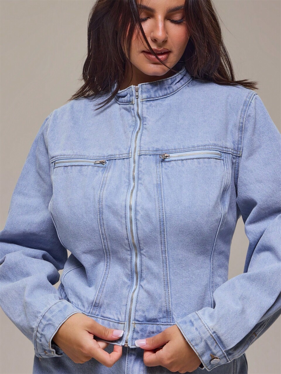 Plus Size Blue Zip Through Fitted Long Sleeve Jacket Winter Fall Autumn Casual Top Day Outfit Comfy Outfit Cool